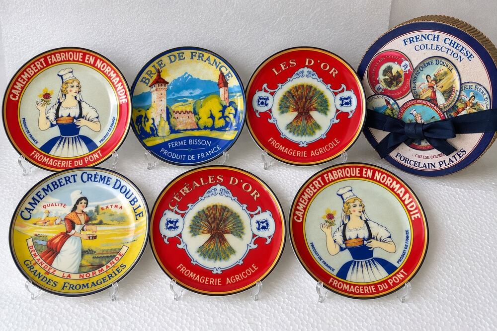 Pier 1 Imports Cheese Course Porcelain Plates featuring classic French cheese 6p